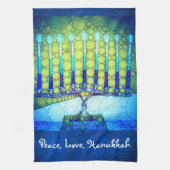 Linge De Cuisine Peace Love Hanoukka Script Bleu Vert Menorah (Vertical)
