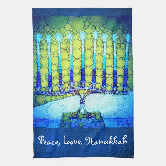 Linge De Cuisine Peace Love Hanoukka Script Bleu Vert Menorah (Vertical)