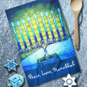 Linge De Cuisine Peace Love Hanoukka Script Bleu Vert Menorah