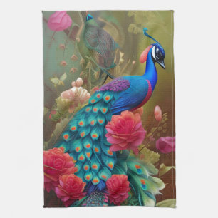 Linge De Cuisine Peacock Bleu, Jardin Rose