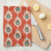 Linge De Cuisine Peacock Feathers, Blanc sur Mandarin Orange (Quart Plié)