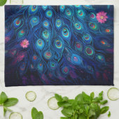 Linge De Cuisine Peacock - Plumes d'Aqua Vert Bleu & Fleurs Roses (Plié)