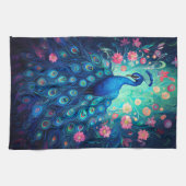 Linge De Cuisine Peacock - Plumes d'Aqua Vert Bleu & Fleurs Roses (Horizontal)