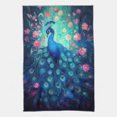 Linge De Cuisine Peacock - Plumes d'Aqua Vert Bleu & Fleurs Roses (Vertical)