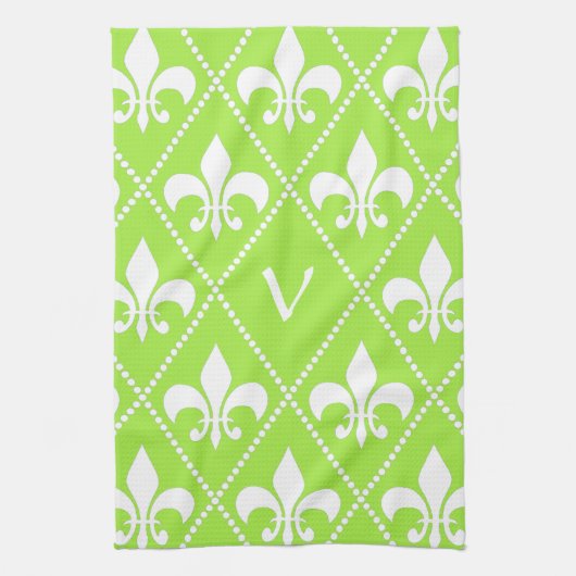 Linge De Cuisine Pear Green Fleur de Lis avec monogramme initial (Vertical)