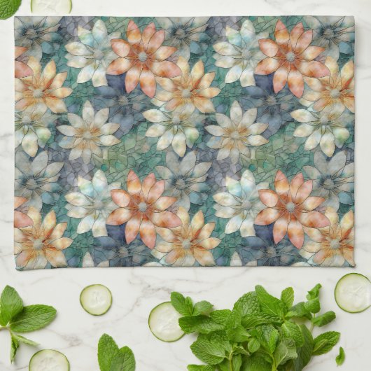 Linge De Cuisine Pêche Blanc Bleu Vert Floral (Plié)