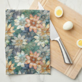 Linge De Cuisine Pêche Blanc Bleu Vert Floral (Quart Plié)