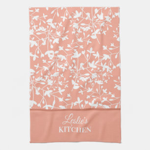 Linge De Cuisine Pêche et blanc Floral Monogramme