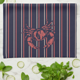 Linge De Cuisine Pêcheur rayé bleu marine et rouge crabe