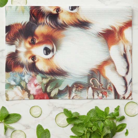 Linge De Cuisine Peinture à l'huile de Chiens Cute Retro (Plié)