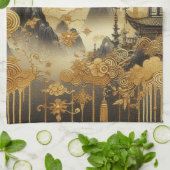 Linge De Cuisine Peinture chinoise Faux Golden Dripping Monogramme (Plié)