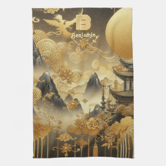 Linge De Cuisine Peinture chinoise Faux Golden Dripping Monogramme