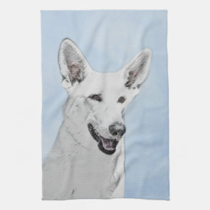 Linge De Cuisine Peinture de Berger Blanc - Art Original de Chien M