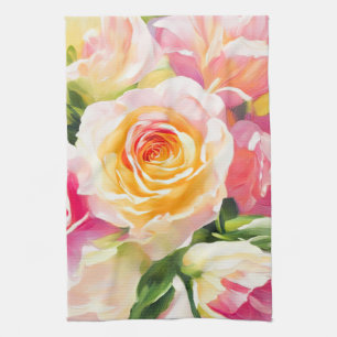 Linge De Cuisine Peinture de roses jaunes et roses