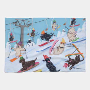 Linge De Cuisine Peinture de ski de Labradors d'amusement d'hiver