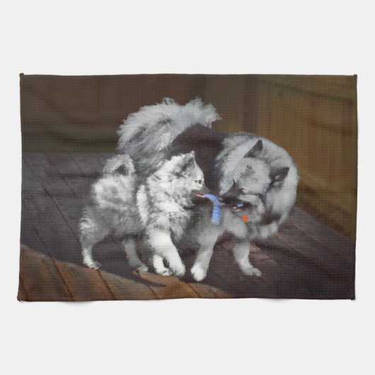 Linge De Cuisine Peinture Keeshond Playtime - Jolie art original ch (Horizontal)