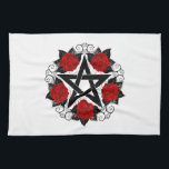 Linge De Cuisine Pentagramme aux roses rouges<br><div class="desc">Pentagramme noir avec motif,  décoré de fleurs,  roses rouges avec feuilles sur arrière - plan blanc. Style tatouage.</div>