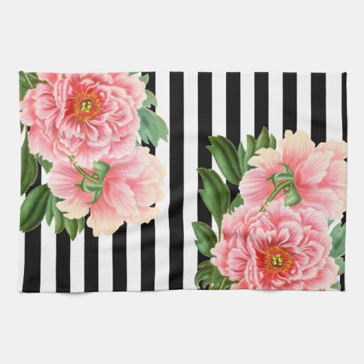 Linge De Cuisine peonies rayures noires (Horizontal)