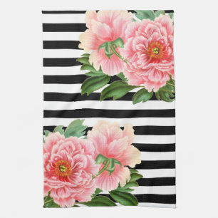 Linge De Cuisine peonies rayures noires