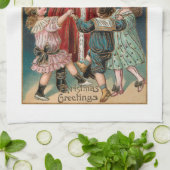 Linge De Cuisine Père Noël avec Dancing Children & Mistletoe (Plié)
