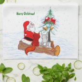 Linge De Cuisine Père Noël avec Renard de lapin et écureuil (Plié)