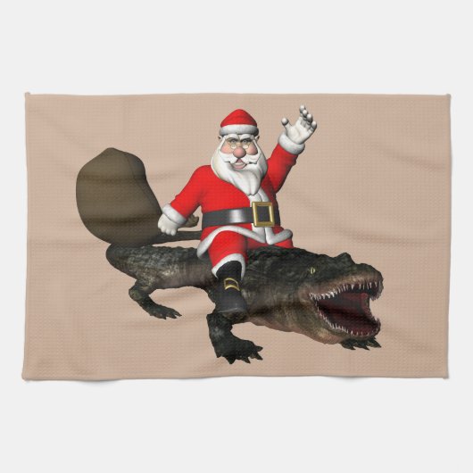 Linge De Cuisine Père Noël Festif Montant Un Alligator (Horizontal)