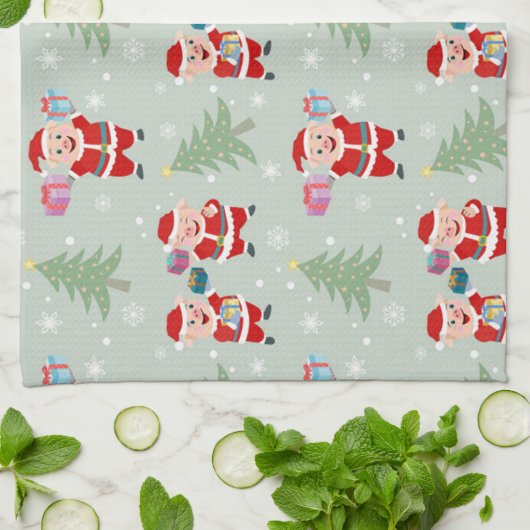 Linge De Cuisine Père Noël Pig Giving Motif (Plié)