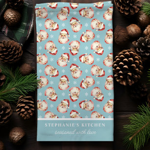 Linge De Cuisine Père Noël Rétro Bleu Nom Personnalisé Noël