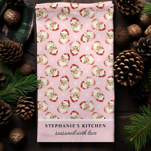 Linge De Cuisine Père Noël Rétro Rose Nom Personnalisé Noël