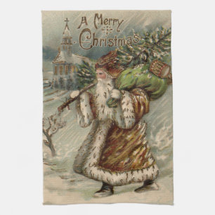 Linge De Cuisine Père Noël victorien avec arbre de Noël