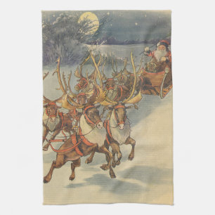 Linge De Cuisine Père Noël vintage de Noël traîneau avec rennes