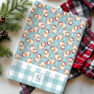 Linge De Cuisine Père Noël Vintage Gingham Bleu Noël Monogrammé