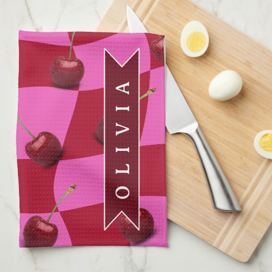Linge De Cuisine Personalized Cherry Gingham Retro Custom Name (Quart Plié)