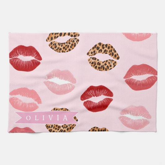 Linge De Cuisine Personalized Chic Pink Leopart Print Lip Pattern (Horizontal)