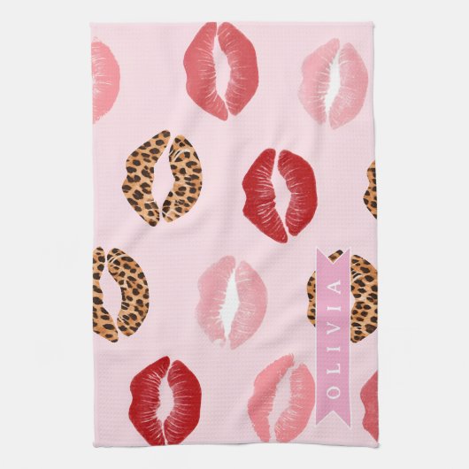 Linge De Cuisine Personalized Chic Pink Leopart Print Lip Pattern (Vertical)