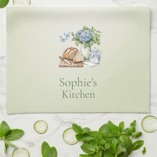 Linge De Cuisine Personalized Hydrangea Kitchen Towel, Custom Name (Plié)
