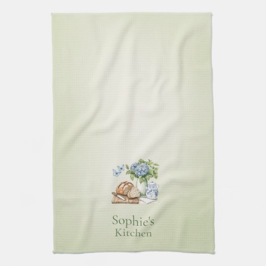 Linge De Cuisine Personalized Hydrangea Kitchen Towel, Custom Name (Vertical)