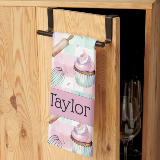 Linge De Cuisine Personalized Pastel Cupcake Checkered Pattern (Pliage en tiers)