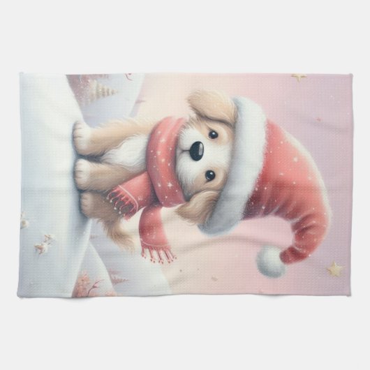 Linge De Cuisine Petit chiot de Noël en chapeau santa (Horizontal)