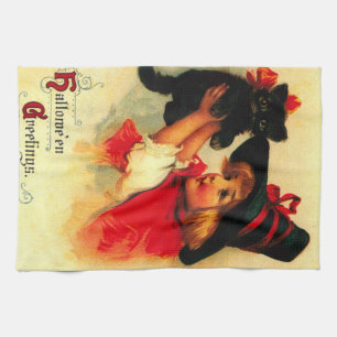 Linge De Cuisine Petite fille avec son chat noir