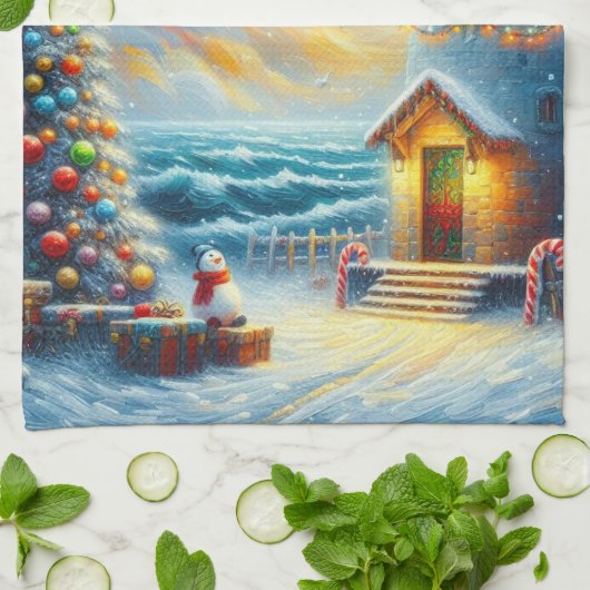 Linge De Cuisine Phare de Noël Arbre Nautique Bleu Côtier (Plié)