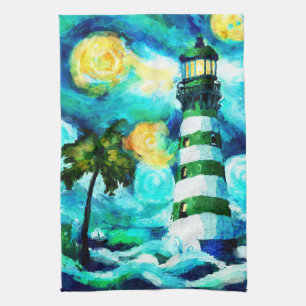 Linge De Cuisine Phare Tropical & Palm Trees Impressionniste