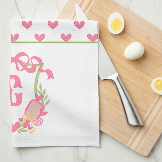 Linge De Cuisine Pickleball rose et vert Paddle Monogram Crest (Quart Plié)