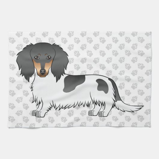Linge De Cuisine Piebald Noir Et Tan Longues Cheveux Dachshund & Pa (Horizontal)