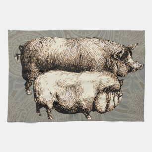 Linge De Cuisine Pig Farm Pays Antique Illustration Art