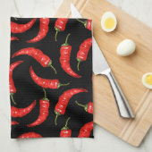 Linge De Cuisine Piments chili sur noir (Quart Plié)