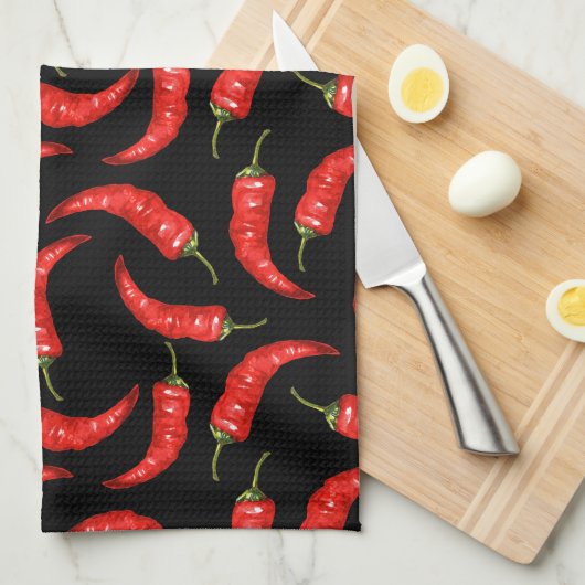 Linge De Cuisine Piments chili sur noir (Quart Plié)