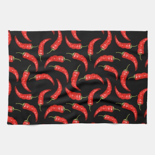 Linge De Cuisine Piments chili sur noir (Horizontal)