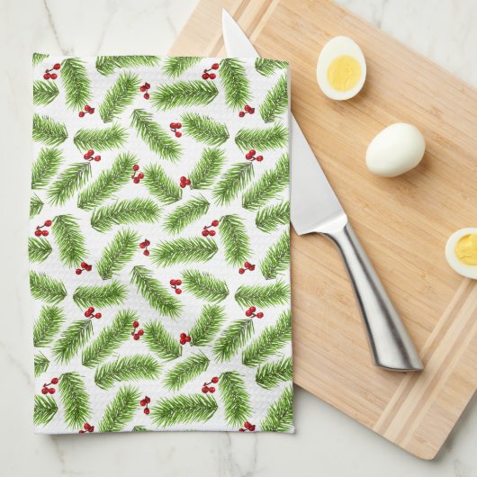 Linge De Cuisine Pin vert de Noël Feuilles & Baies rouges en blanc (Quart Plié)