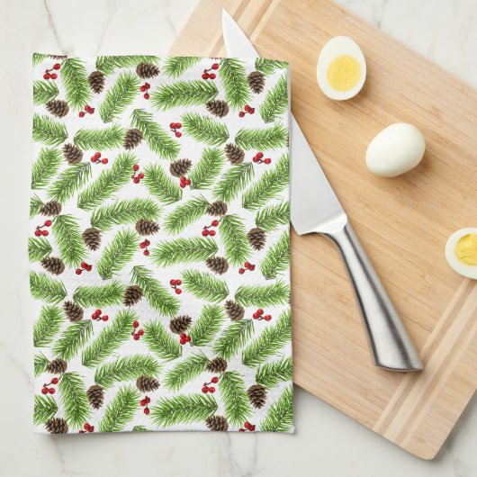 Linge De Cuisine Pin vert de Noël Feuilles, cônes et baies rouges (Quart Plié)